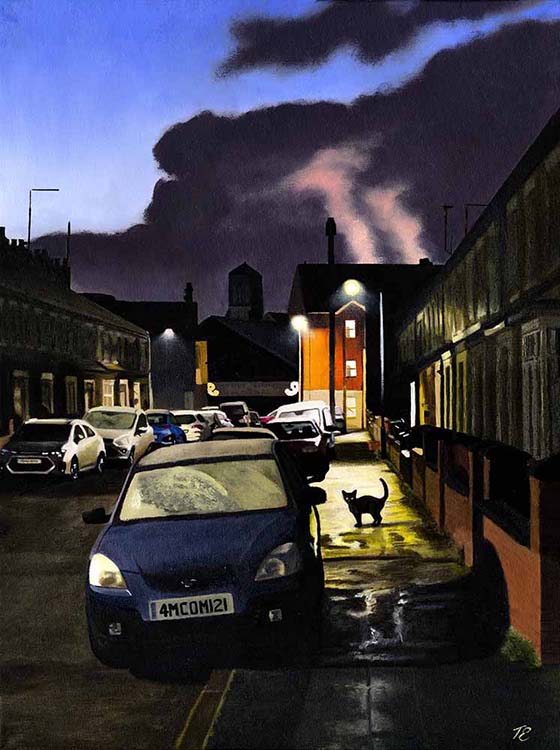 Amcomri St - Belfast urban street scene, oil on canvas by Ted Elston