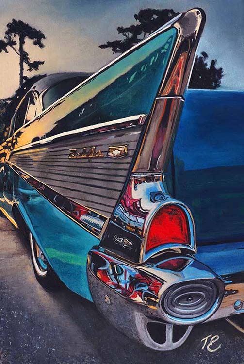 Bel Air Sunset - classic Chevrolet Bel Air at sunset, oil on paper by Ted Elston
