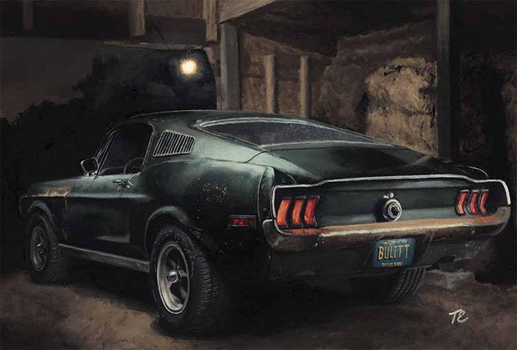 Bullitt - classic car cinematic oil on paper by Ted Elston