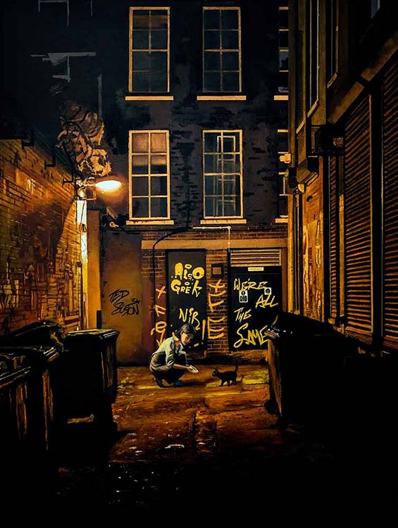 College Street Meows - Belfast street scene with cats, oil on canvas by Ted Elston